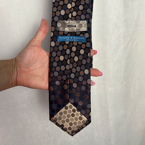 Men’s Silk Tie Haines & Bonner of London Handmade Brown Polka Dot - Picture 7 of 14